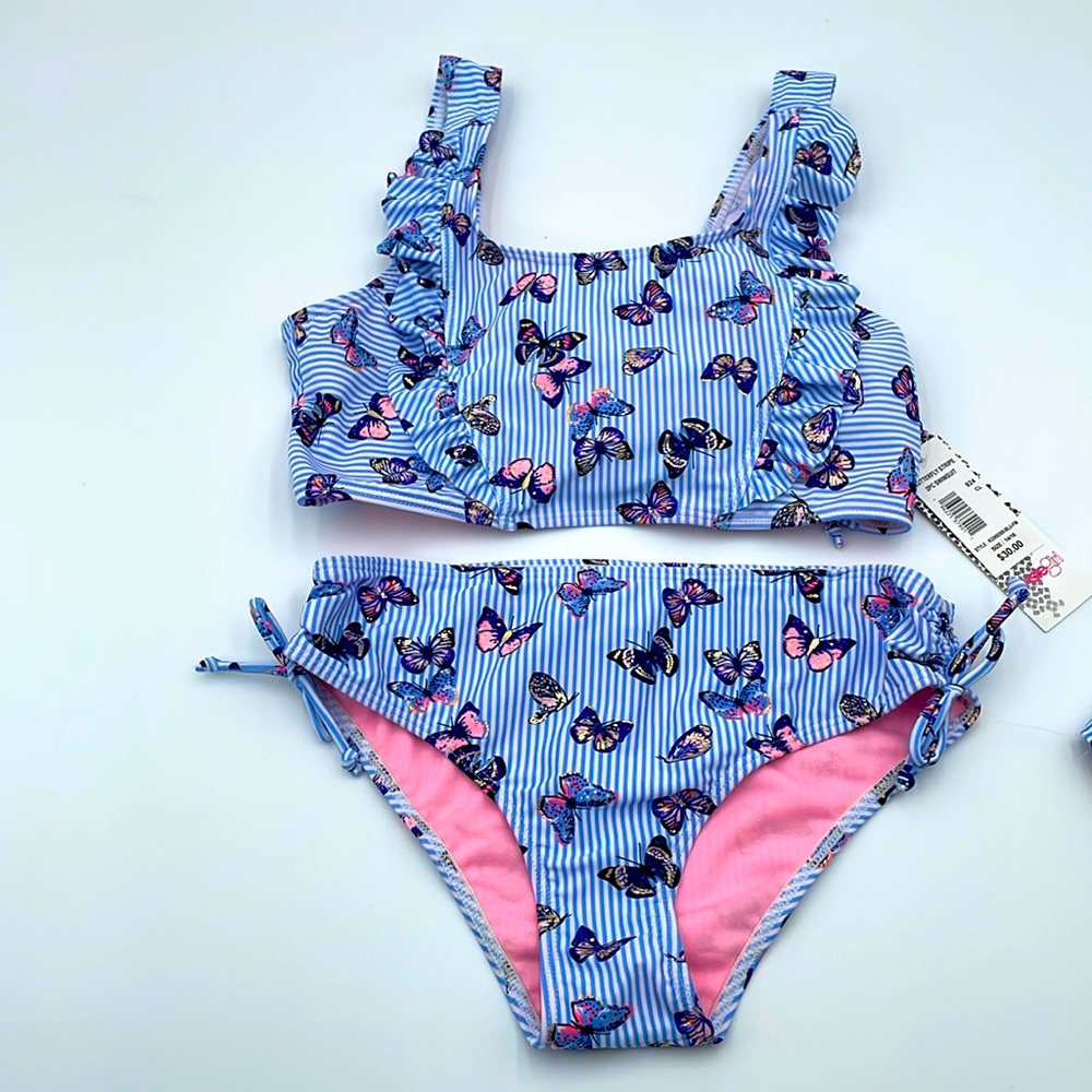 Girl’s Swimsuit Bikini Striped Butterfly UPF 50‎ Ruffle Sleeve & Chest NWT 14-16
